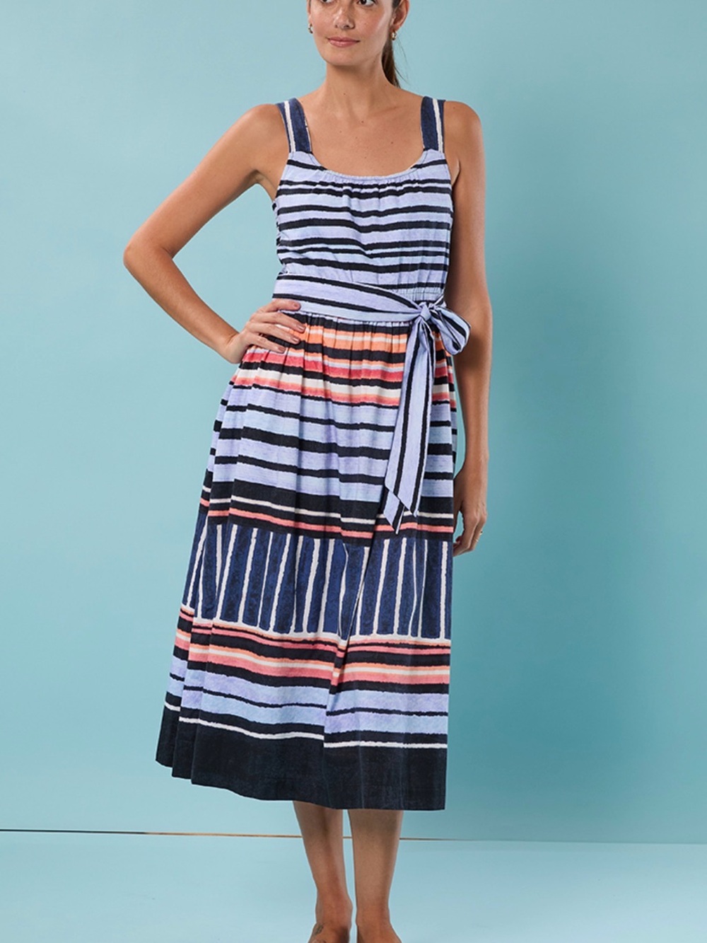 NIC+ZOE Striped Tie-Waist Midi Dress in Navy, Light Blue and Coral